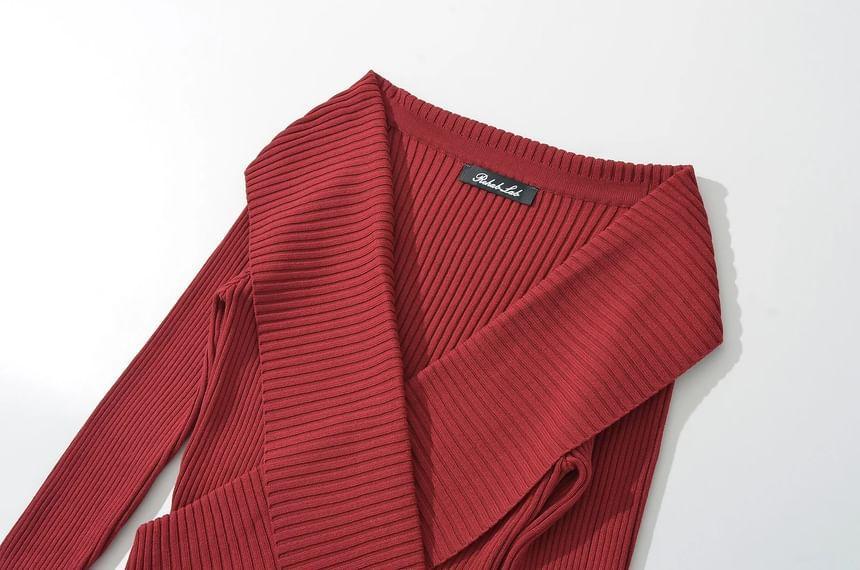 Long-Sleeve V-Neck Wrapped Plain Knit Maxi Sheath Dress Product Image