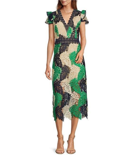 Adelyn Rae Crochet Lace V-Neck Flutter Short Sleeve Midi Dress Product Image