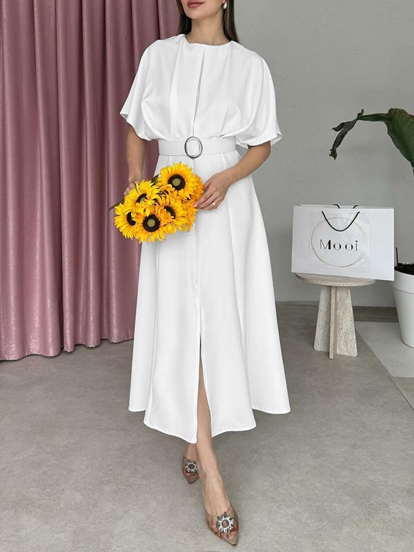Loose Raglan Sleeve Pleated Split-Front Split-Joint Tied Waist Round-Neck Maxi Dresses Product Image