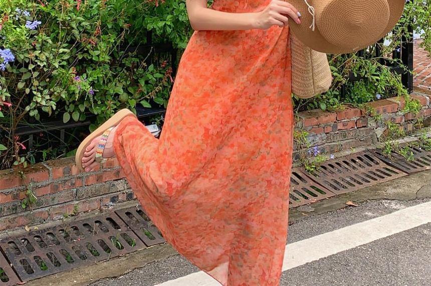 Sleeveless V-Neck Floral Print Ruffle Trim Tie Waist Maxi A-Line Dress Product Image