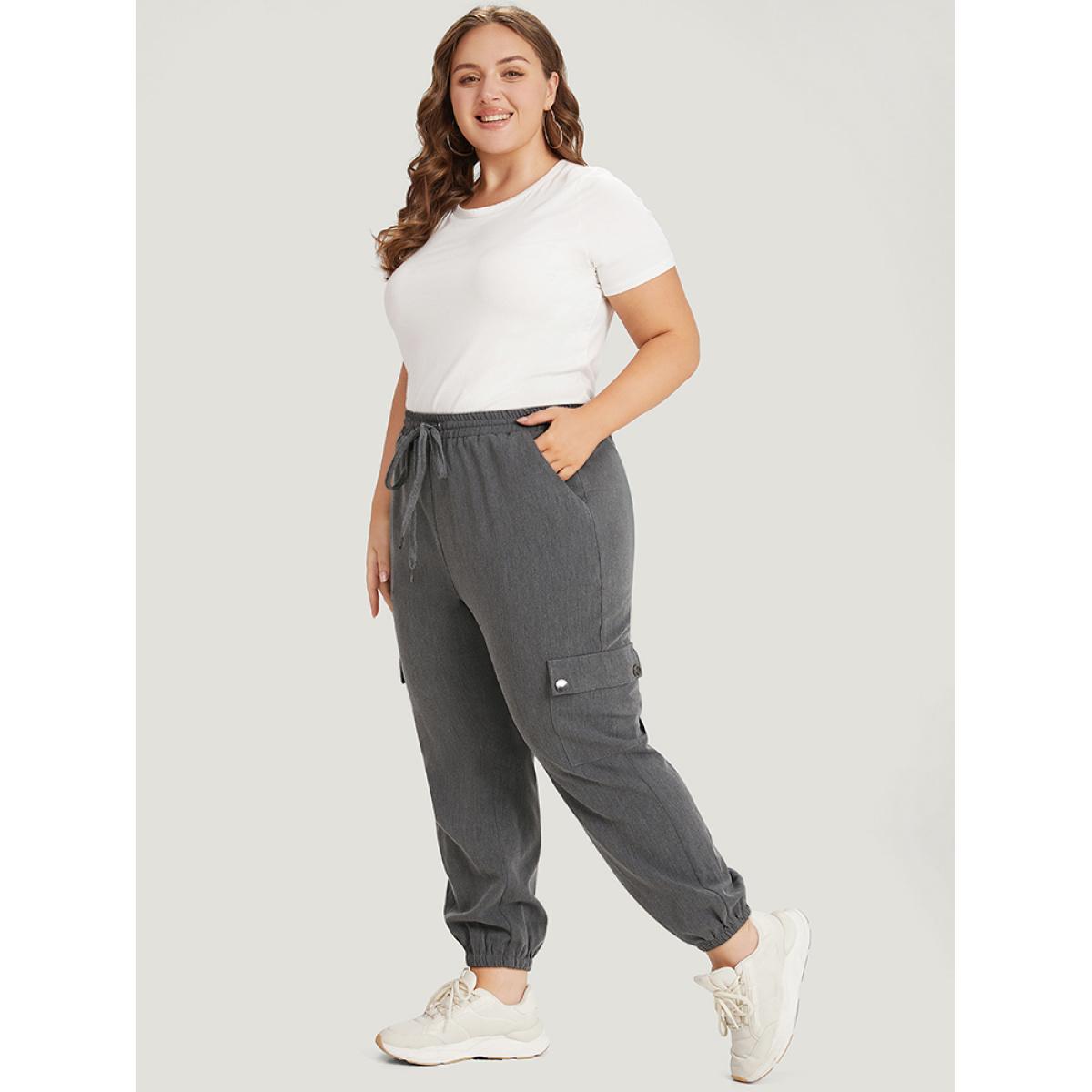 Plain Eyelet Drawstring Flap Pocket Sweatpants DimGray Plus Size Women Casual Dailywear Drawstring 30/6X Bloomchic Product Image