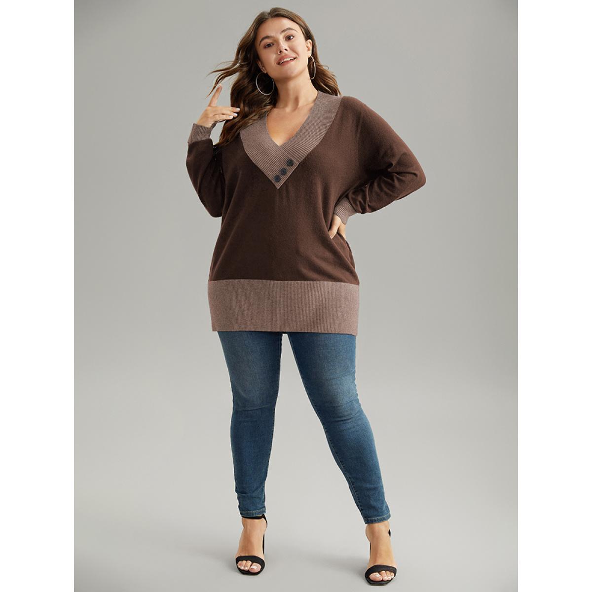 Plus Size Supersoft Essentials Contrast Deep V Neck Button Detail Pullover DarkBrown Women Casual Long Sleeve Deep V-neck Everyday Pullovers BloomChic 26/4X Product Image