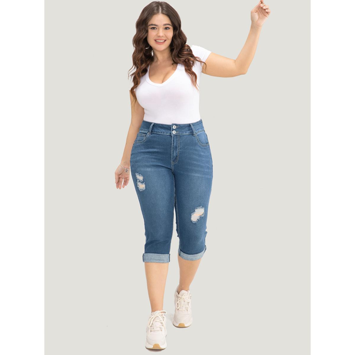 Plus Size Very Stretchy Dark Wash Cuffed Hem Distressed Knee Denim Shorts Women Blue High stretch Dailywear Pocket Casual Denim Shorts BloomChic 28/5X Product Image