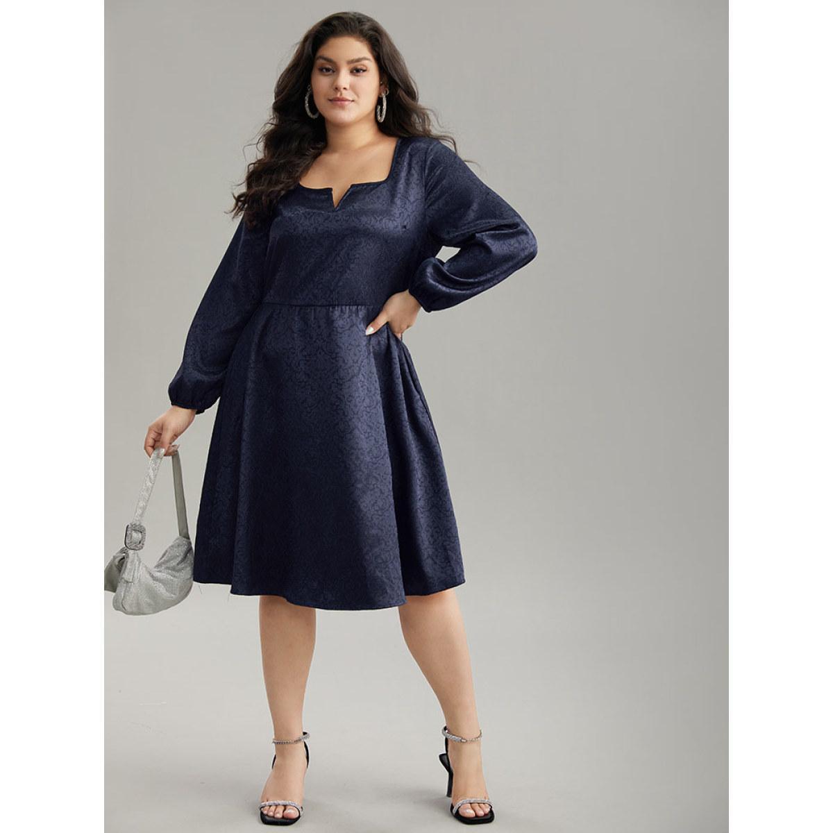 Plus Size Plain Textured Notched Lantern Sleeve Dress Indigo Women Glamour Elastic cuffs Notched collar Long Sleeve Curvy Knee Dress BloomChic 10/M Product Image