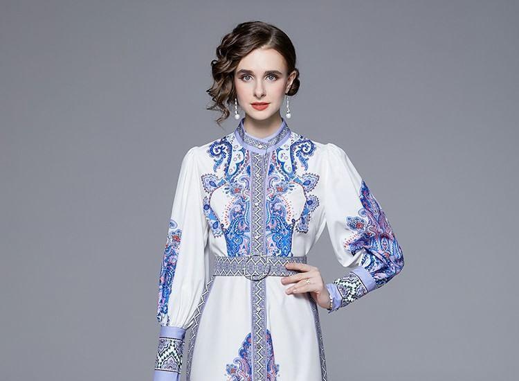 Long Sleeve Stand Collar Patterned Print Belted Button Midi A-Line Dress Product Image