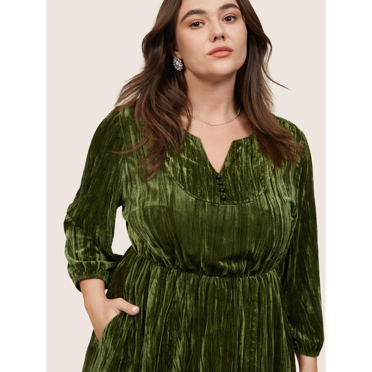 Plus Size Velvet Button Detail Notched Elastic Waist Dress ArmyGreen Women Elegant Velvet Notched collar Long Sleeve Curvy Midi Dress BloomChic 26/4X Product Image