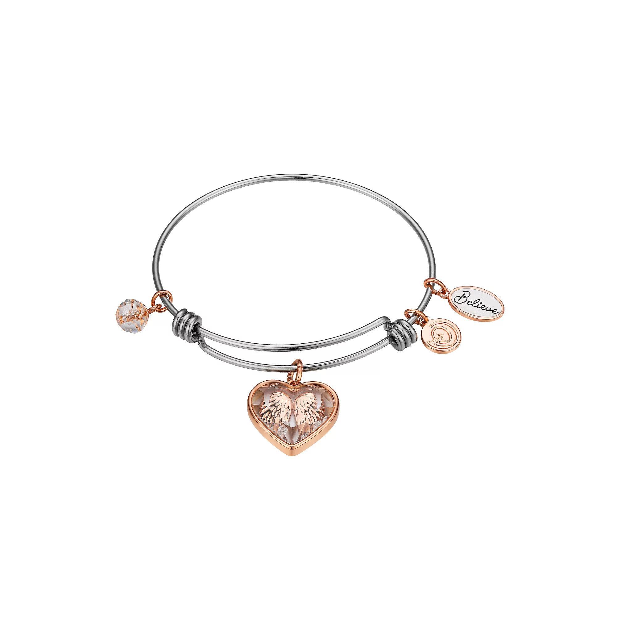 Love This Life® Two Tone Stainless Steel "Believe" Cubic Zirconia Angel Wings Shaker Bracelet, Women's Product Image