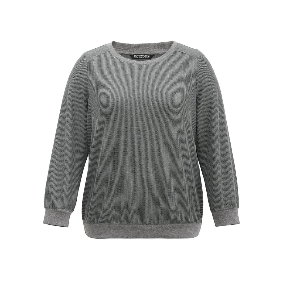 Plus Size Plisse Solid Elastic Hem Crew Neck Sweatshirt Women Gray Casual Rib Knit Round Neck Everyday Sweatshirts BloomChic 14-16/1X Product Image