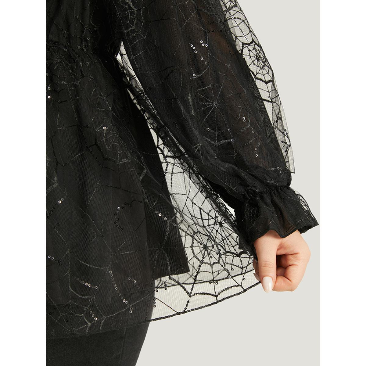 Plus Size Black Halloween Square Neck Spider Web Crochet Lace Mesh Blouse Women Glamour Long Sleeve Square Neck Festival-Halloween Blouses BloomChic 10/M Product Image