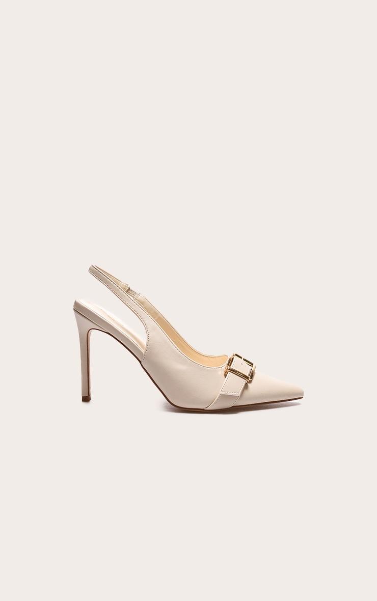 Cream PU Wide Fit Buckle Detail Stiletto High Heel Sling Back Court Heels Product Image