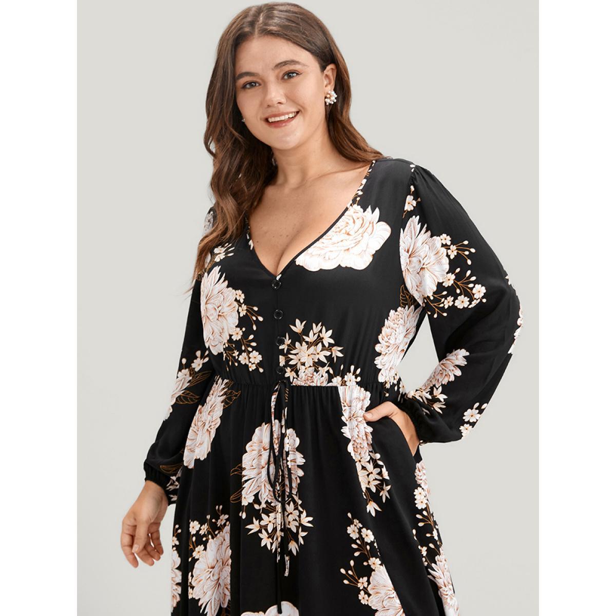Plus Size Floral Lantern Sleeve Ties Up Pocket Split Flutter Dress Black Women Elegant Elastic Waist V-neck Long Sleeve Curvy Long Dress BloomChic 22-24/3X Product Image