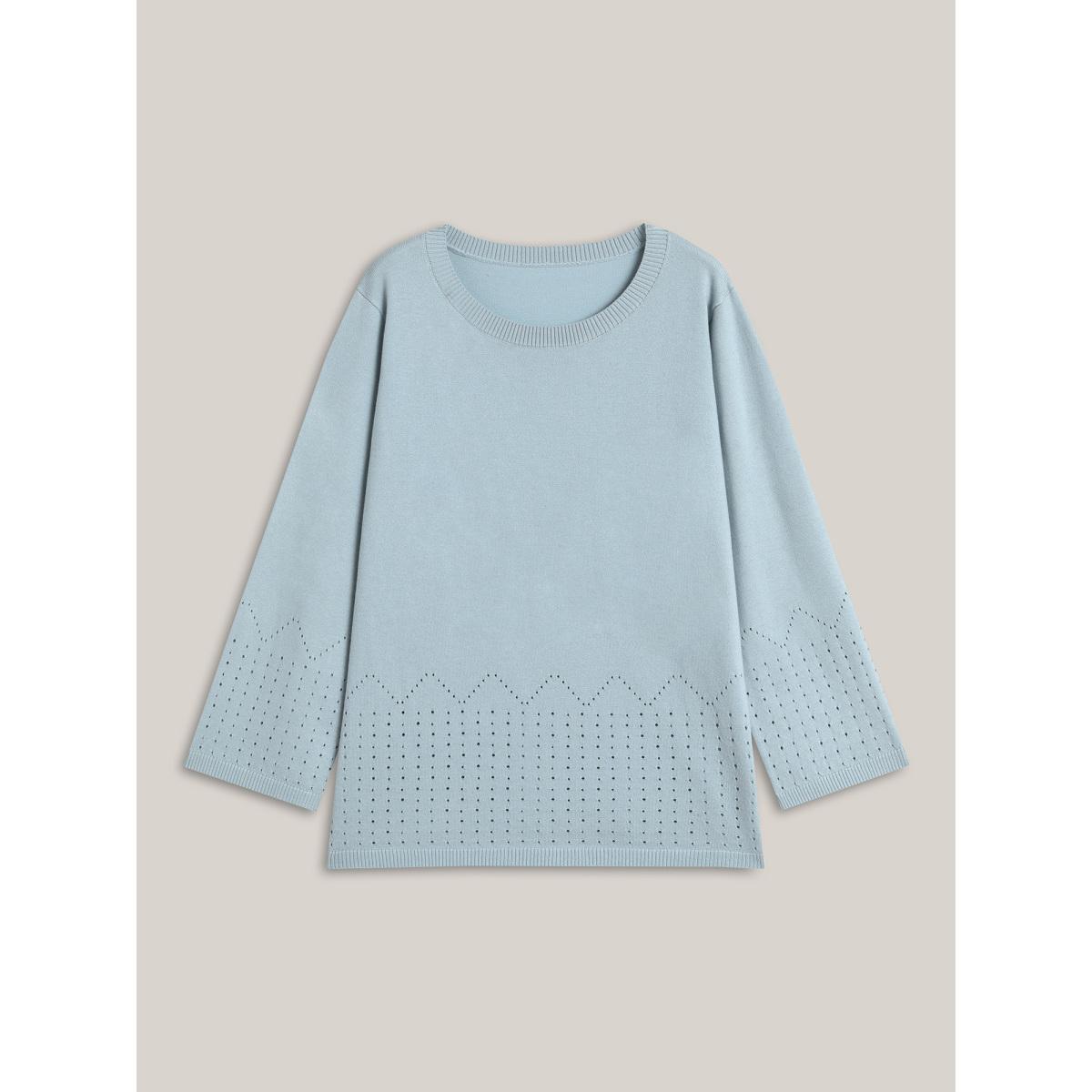 Plus Size Lightweight Woolen Cut-Out Pullover LightBlue Women Casual Loose Long Sleeve Round Neck Everyday Pullovers BloomChic 10/M Product Image
