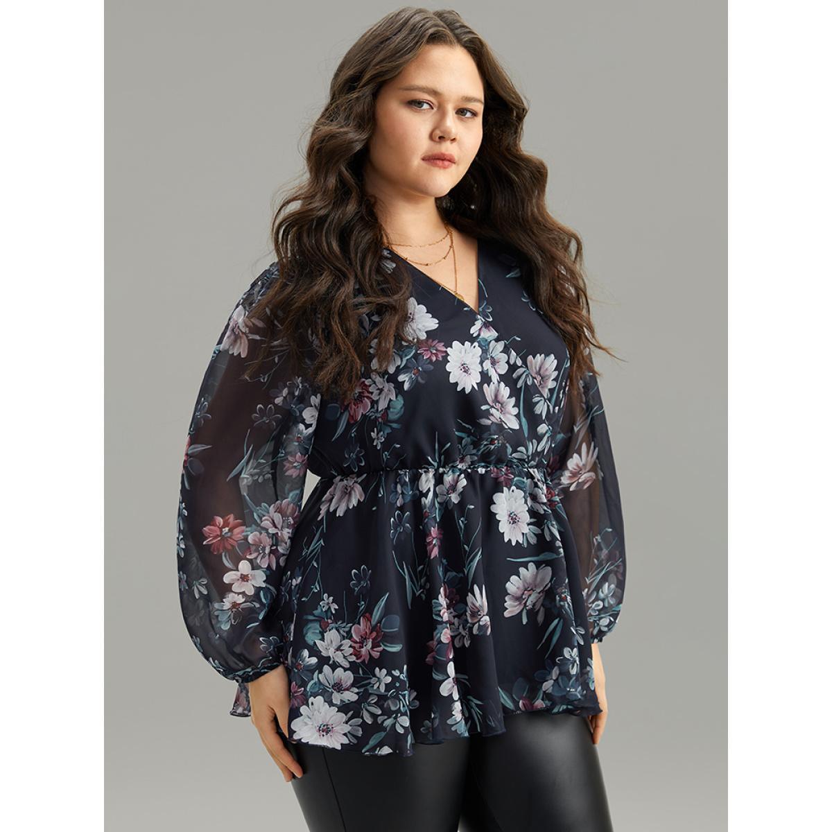 Plus Size Indigo Floral Print Elastic Waist Mesh Wrap Gathered Blouse Women Elegant Long Sleeve V-neck Dailywear Blouses BloomChic 14-16/1X Product Image