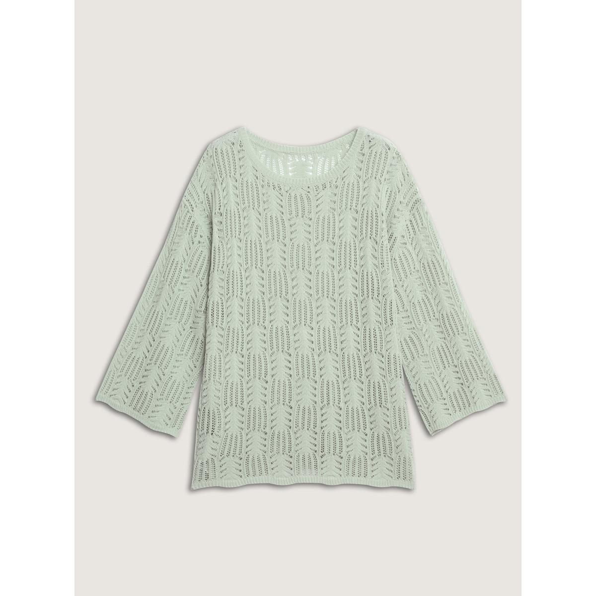 Plus Size Textured Cut-Out Flared Sleeve Lightweight Pullover Greenbean Women Loose Long Sleeve Round Neck Everyday-Casual Pullovers BloomChic 30/6X Product Image