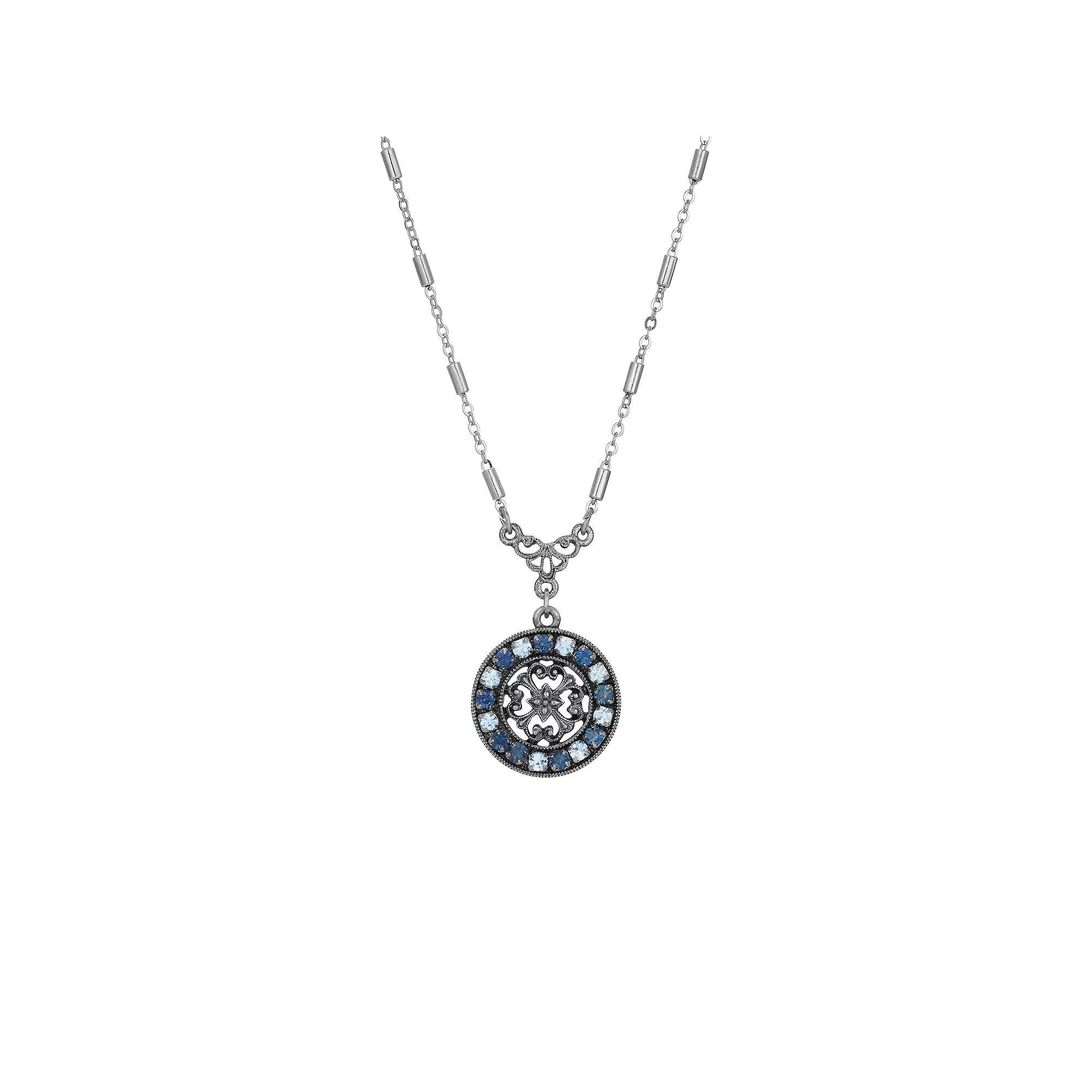 1928 Silver Tone Crystal Medallion Necklace, Womens, Blue Product Image