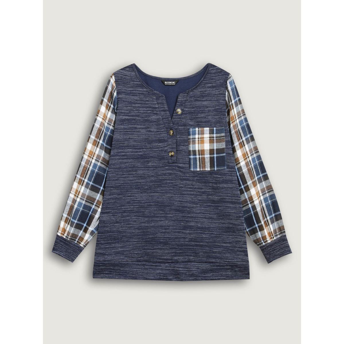 Plus Size Plaid Sleeve Button Up Patchwork Sweatshirt Women Indigo Casual Contrast Notched collar Everyday Sweatshirts BloomChic 14-16/1X Product Image
