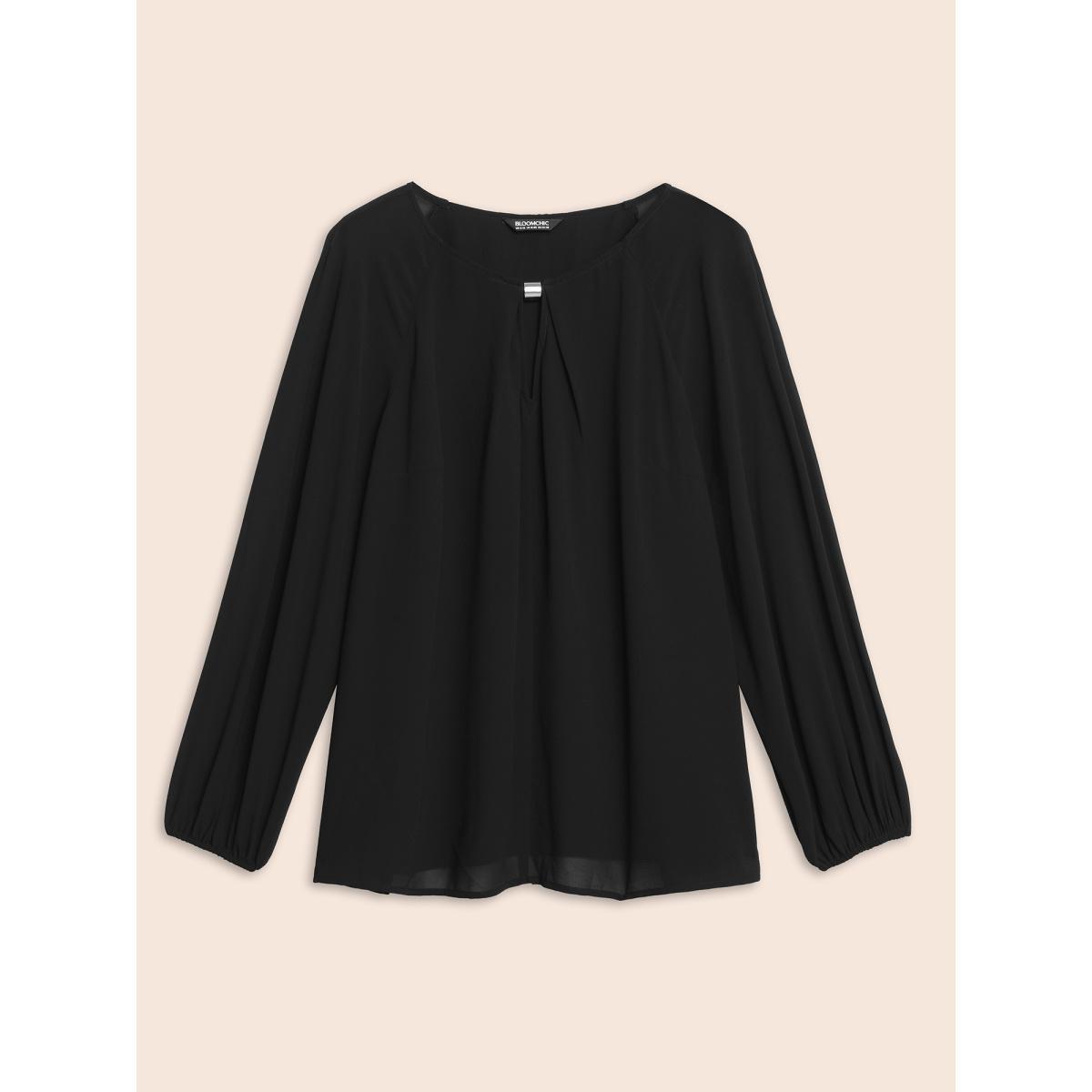 Plus Size Black Keyhole Metal Detail Gathered Blouse Women Elegant Long Sleeve Asymmetrical Neck Everyday Blouses BloomChic 30/6X Product Image