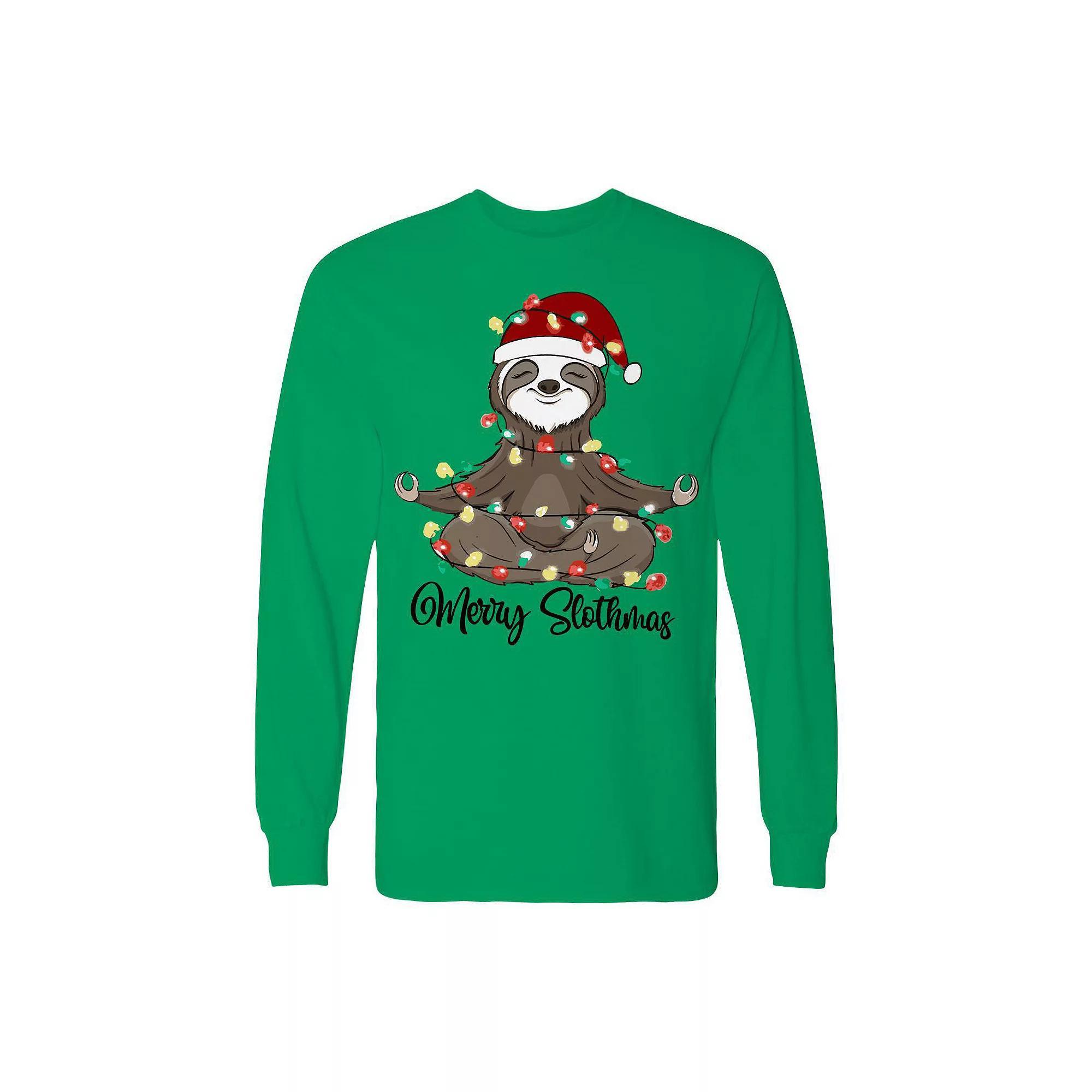 Men's Christmas Merry Slothmas Long Sleeve Graphic Tee, Size: Medium, White Product Image