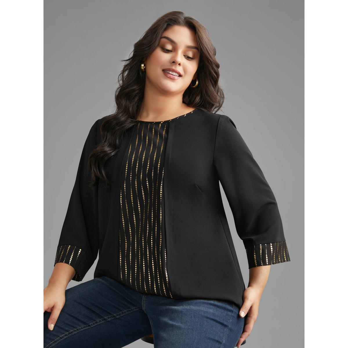 Plus Size Black Crew Neck Glitter Patchwork Contrast Blouse Women Cocktail Long Sleeve Round Neck Party Blouses BloomChic 22-24/3X Product Image