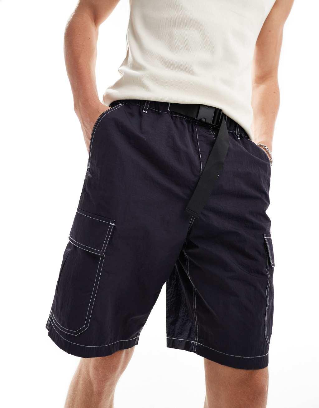 ASOS DESIGN cargo shorts with belt detail in navy Product Image