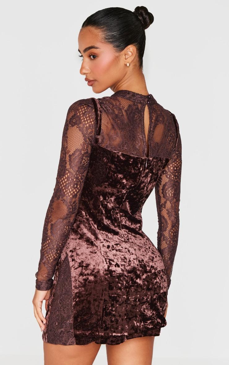 Petite Chocolate Crushed Velvet Long Sleeve Lace Detail Mini Dress Product Image