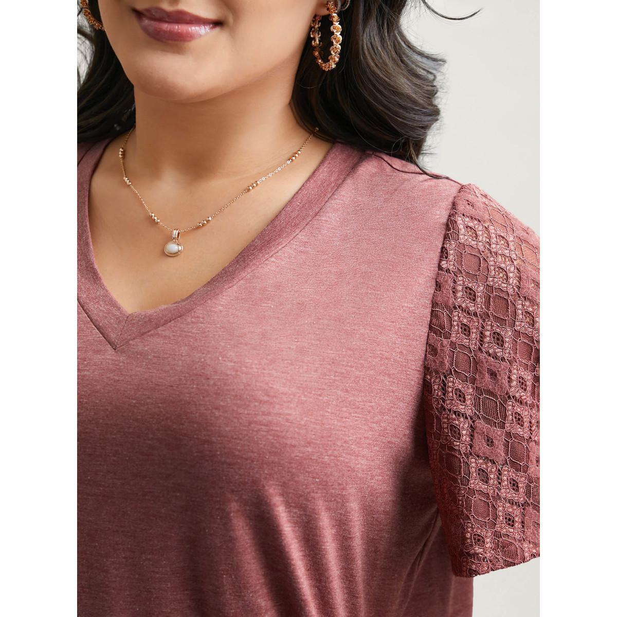 Plus Size Stretchy Flared Lace Sleeves T-Shirt Russet Women Elegant Patchwork V-neck Everyday T-shirts BloomChic 10/M Product Image