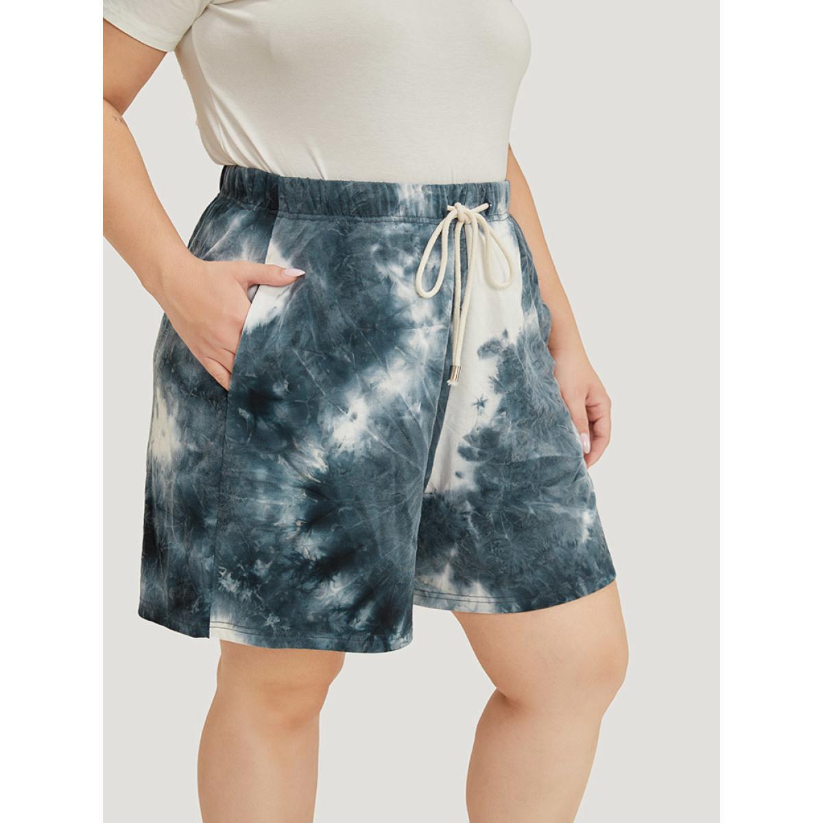 Plus Size Tie Dye Pocket Drawstring Shorts Women SlateGray Casual Drawstring Loose Dailywear Shorts BloomChic 28/5X Product Image