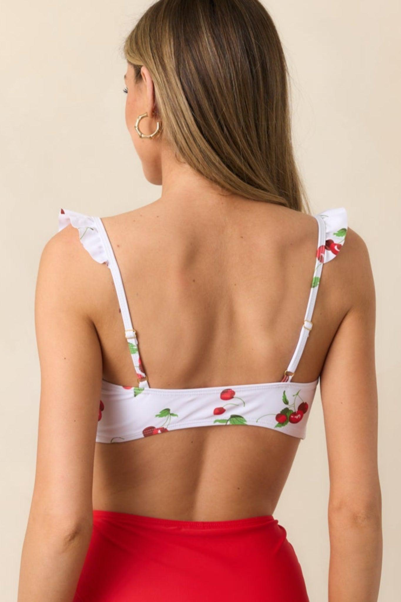 Time To Relax White Cherry Ruffle Lace-Up Bikini Top Product Image