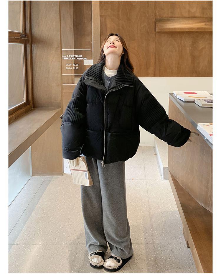 Ribbed Panel Plain Zip-Up Down Jacket Product Image