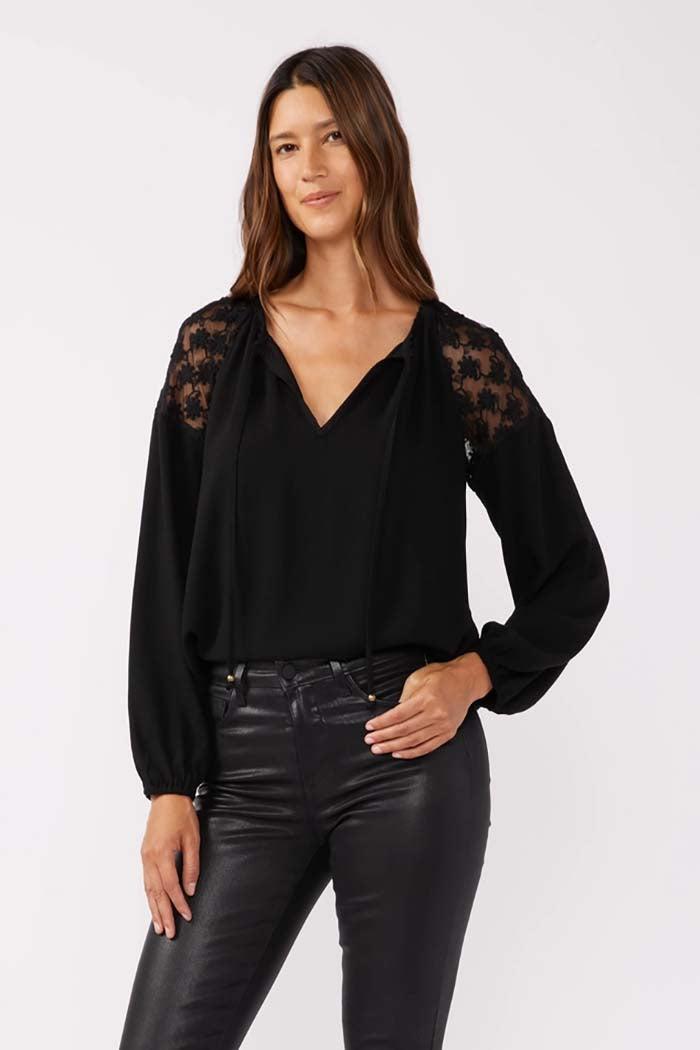 Embroidered Mesh Long Sleeve Tie Neck Blouse Product Image