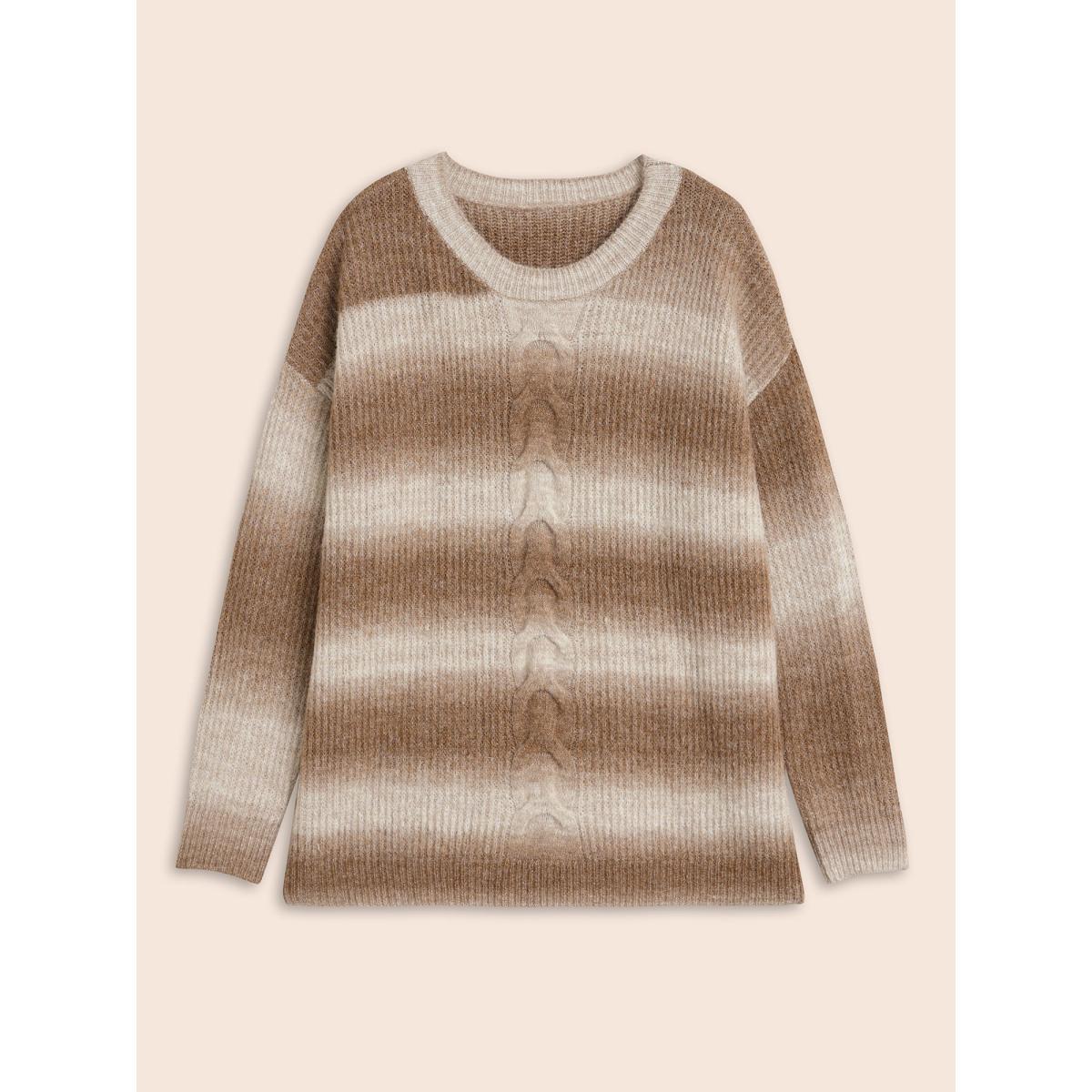 Plus Size Crew Neck Textured Drop Shoulder Pullover Yellowishbrown Women Casual Loose Long Sleeve Round Neck Everyday Pullovers BloomChic 28/5X Product Image