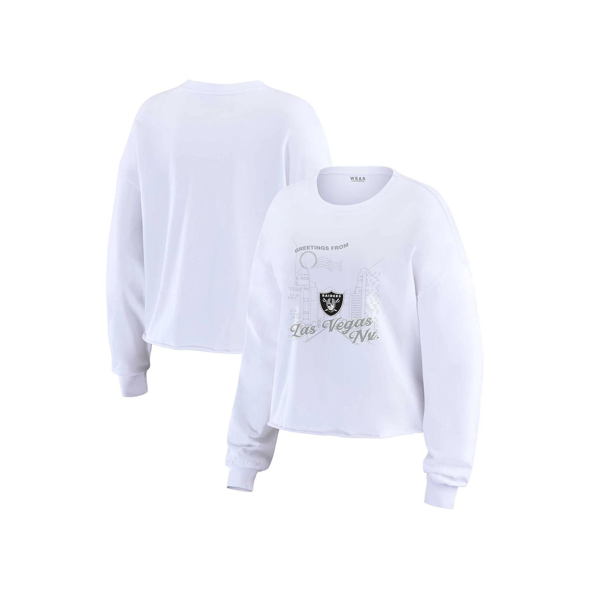 Women's WEAR by Erin Andrews White Las Vegas Raiders Postcard Cropped Long Sleeve Top, Size: Small, Lvr White Product Image