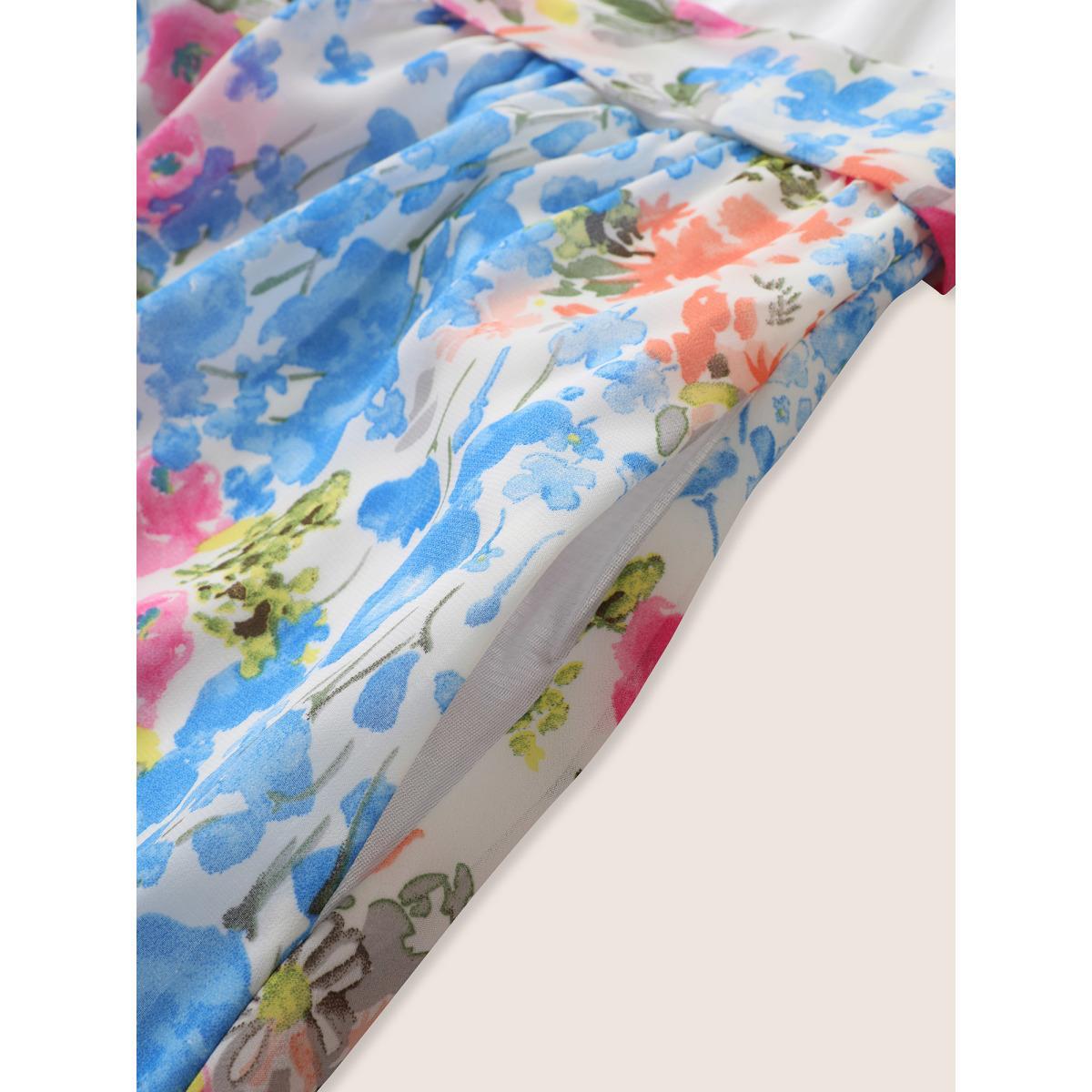 Plus Size Overlap Collar Patchwork Floral Midi Dress Ivory Women Elegant Belted Overlap Collar Short sleeve Curvy BloomChic 22-24/3X Product Image