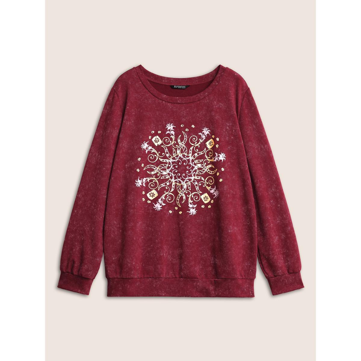 Plus Size Vintage Horoscope Print Round Neck Sweatshirt Women Burgundy Casual Non Everyday Sweatshirts BloomChic 14-16/1X Product Image