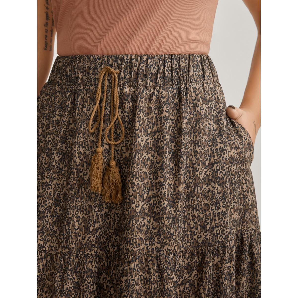 Plus Size Leopard Print Tiered Midi Skirt Women DarkBrown Bodycon High stretch Side seam pocket Everyday-Casual Skirts BloomChic 12/L Product Image