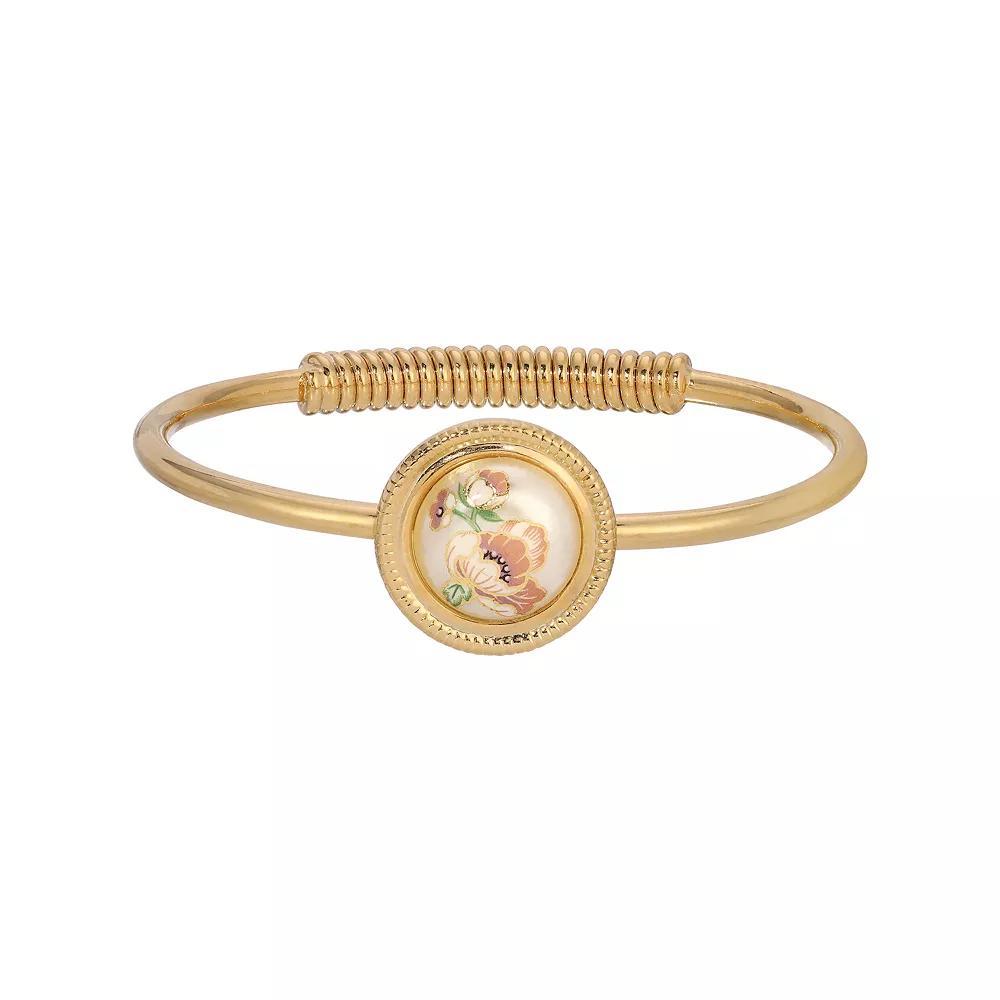 1928 Gold Tone Flower Decal Hinge Bracelet, Womens, White Product Image