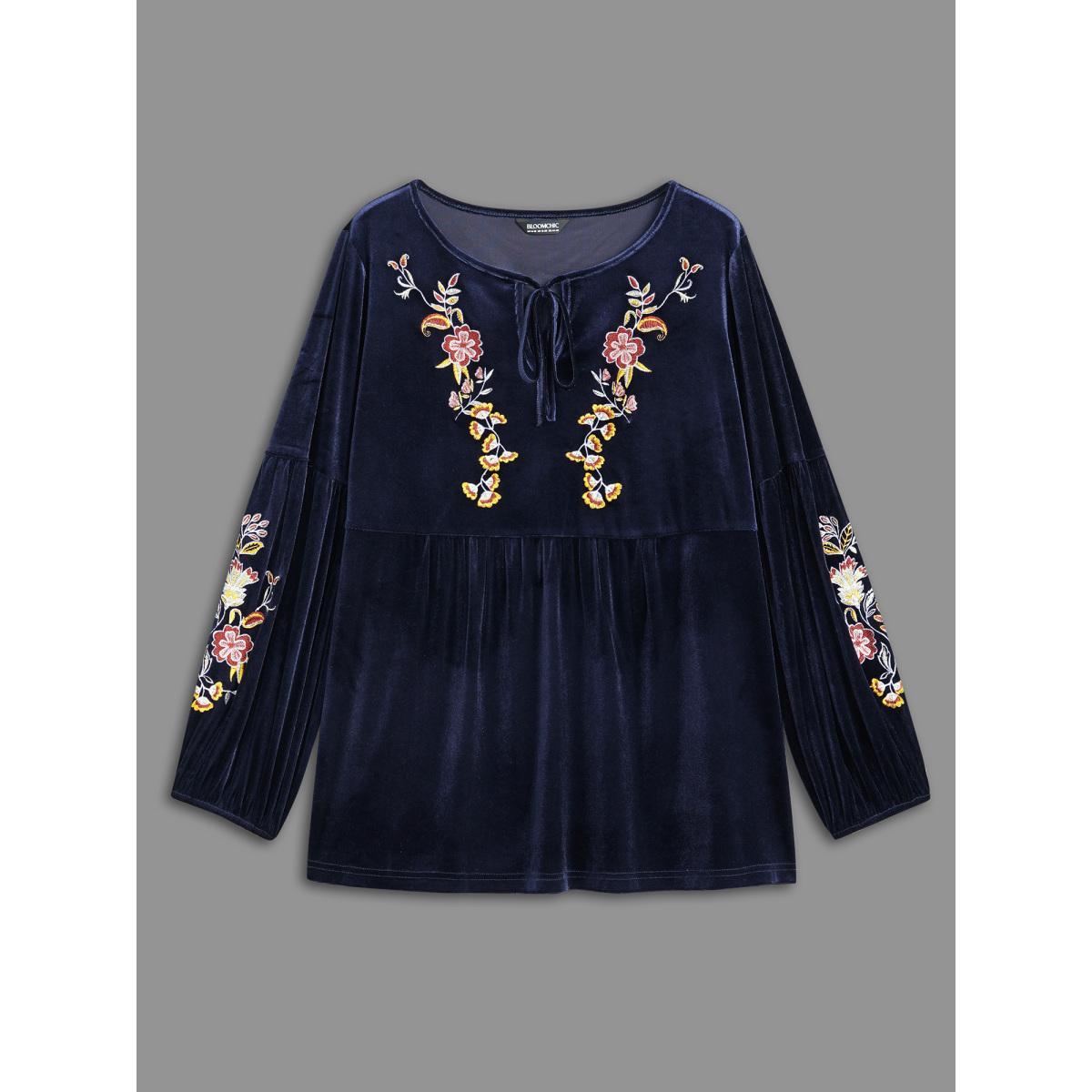 Plus Size Indigo Floral Embroidered Velvet Tie Knot Blouse Women Elegant Long Sleeve V-neck Everyday Blouses BloomChic 10/M Product Image