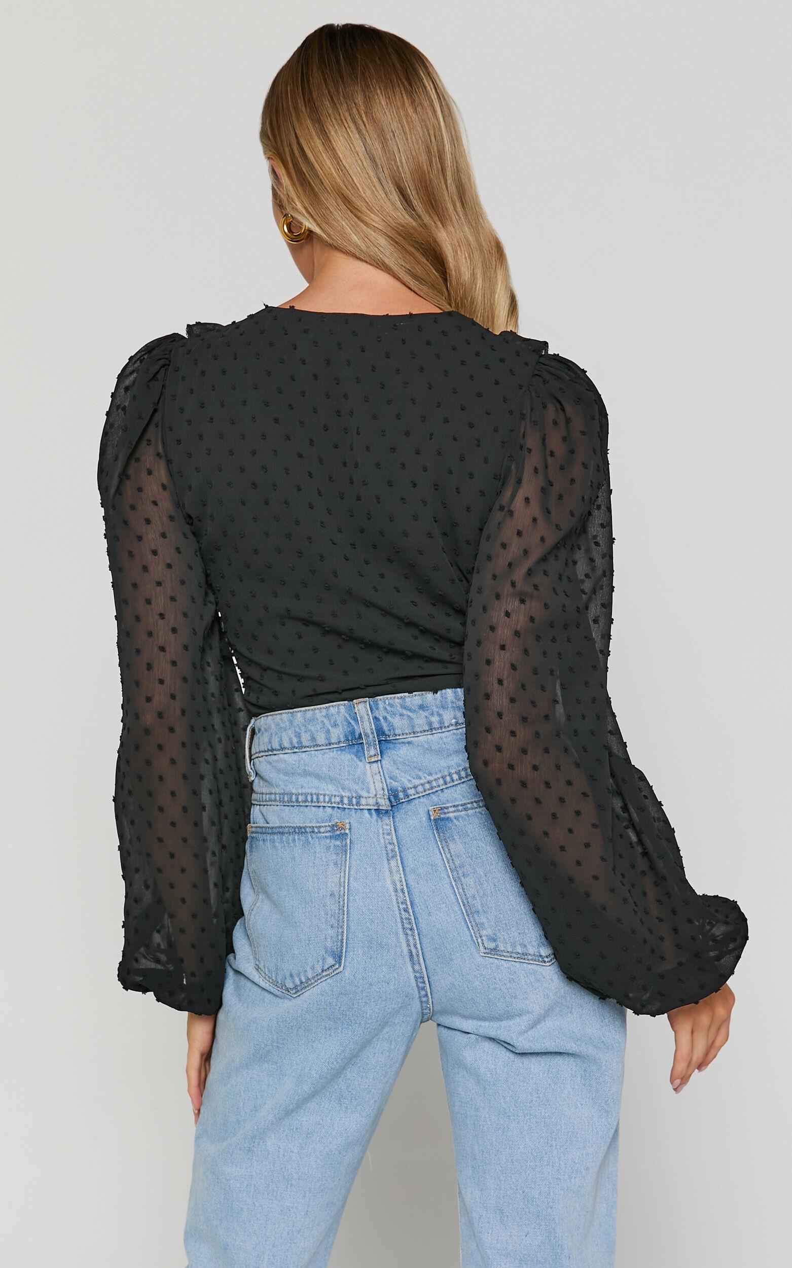 Delilah Bodysuit - V Neck Long Blouson Sleeve Bodysuit in Black Product Image
