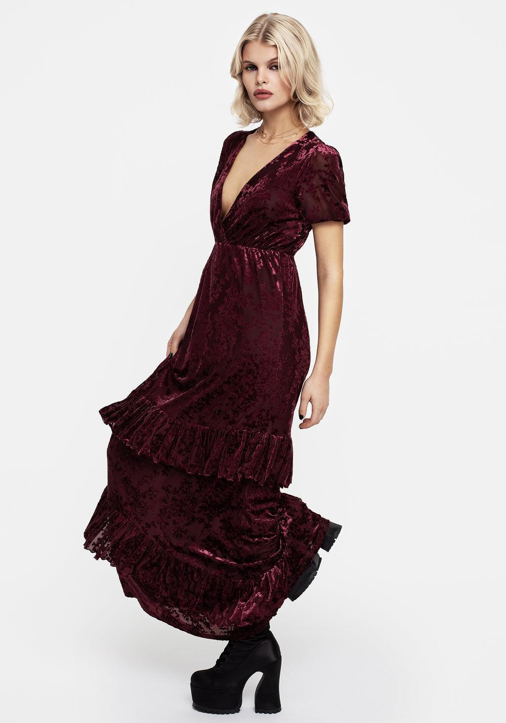 Monotropa Floral Flocked Velour Frill Midaxi Dress Product Image