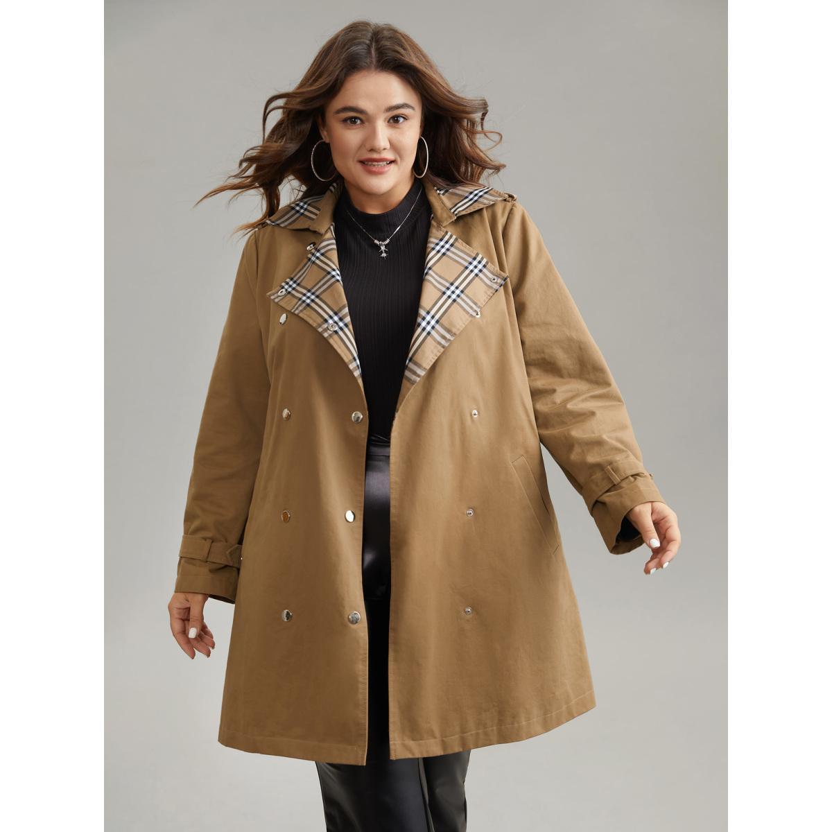 Plus Size Plaid Contrast Belted Double Breasted Coat Women Tan Elegant Lined Ladies Dailywear Winter Coats BloomChic 18-20/2X Product Image