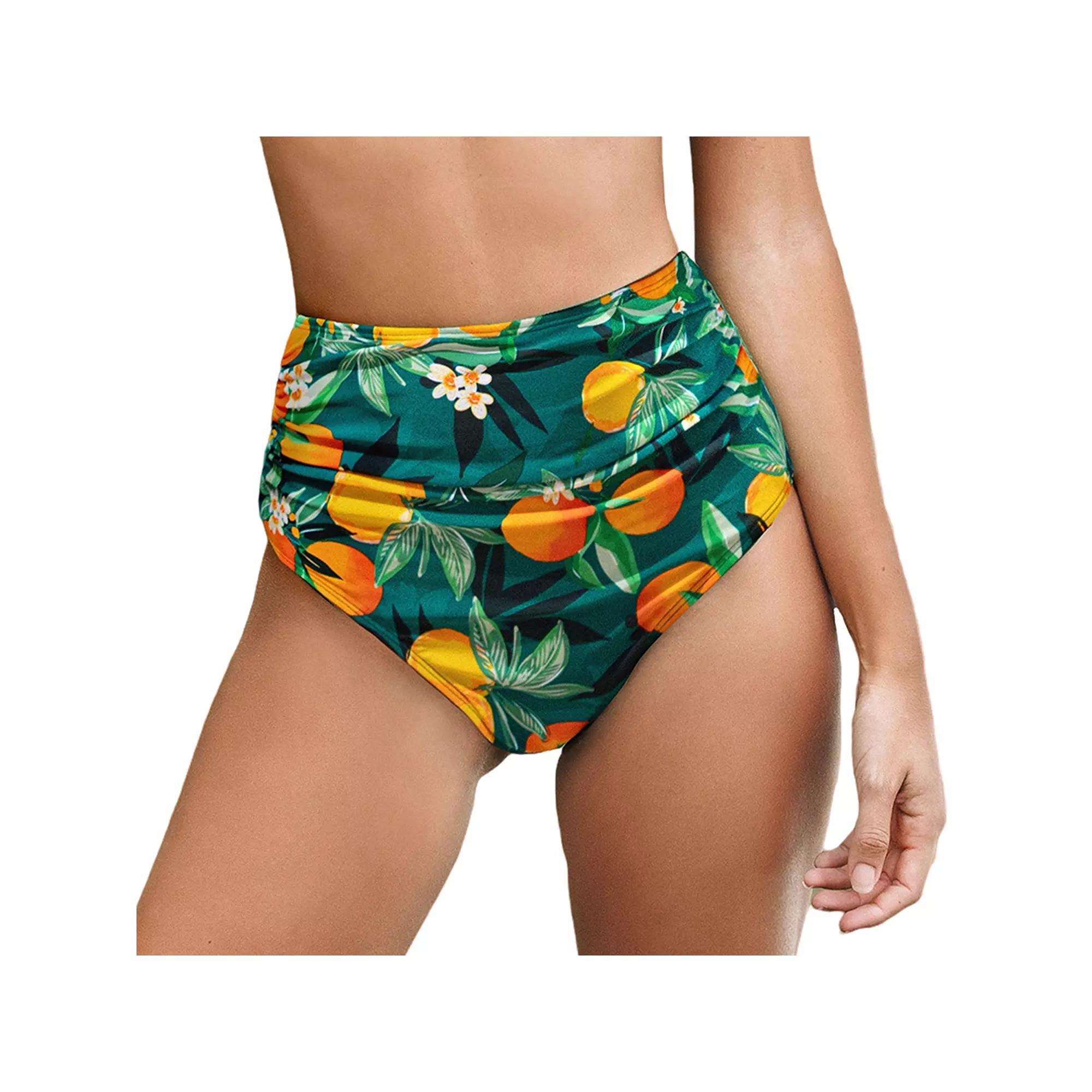Women's Cupshe Shirred High Waist Bikini Bottoms, Size: Large, Green Oranges Product Image