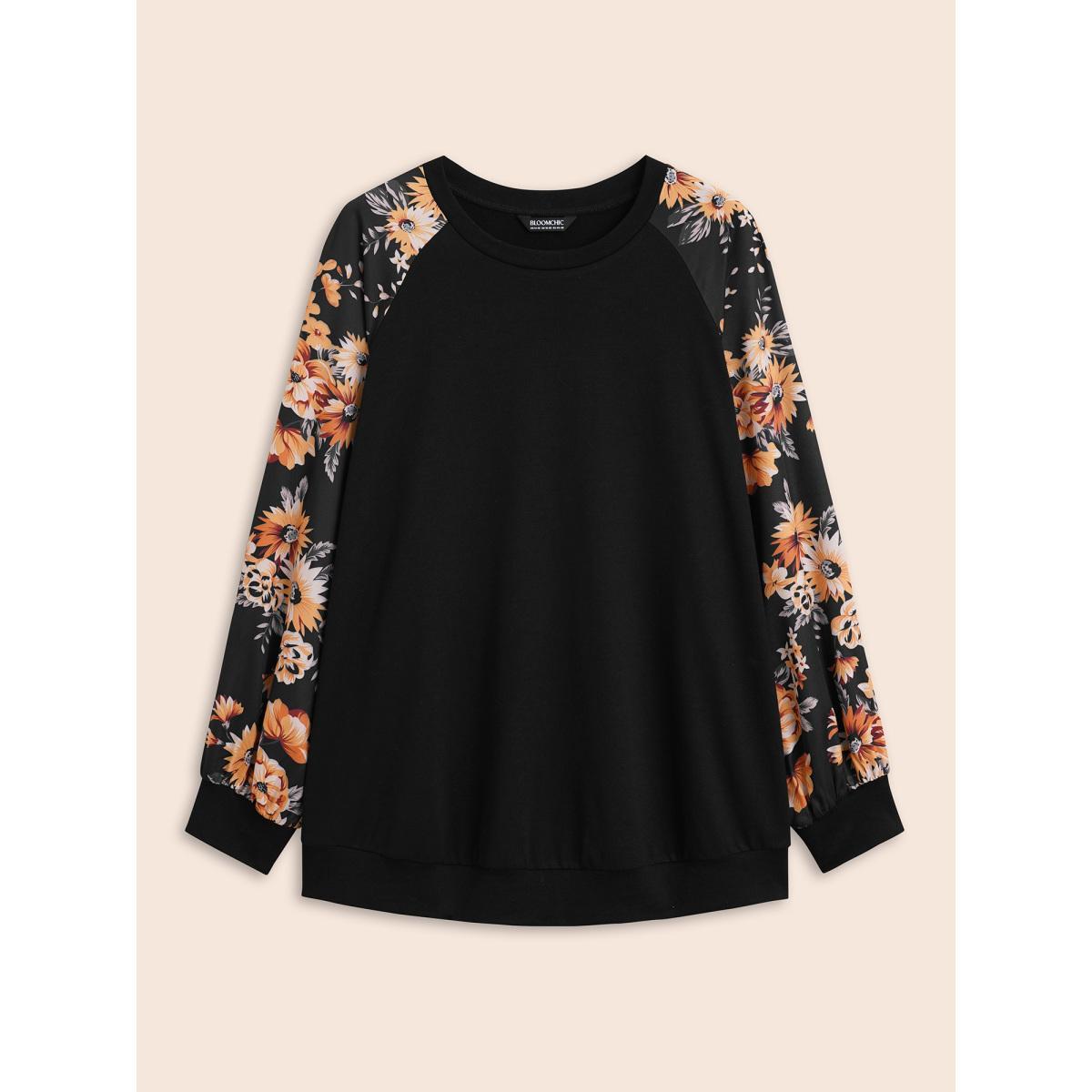 Plus Size Halloween Floral Patchwork Print Raglan Sleeve Sweatshirt Women Black Casual Elastic cuffs Round Neck Festival-Halloween Sweatshirts BloomChic 14-16/1X Product Image