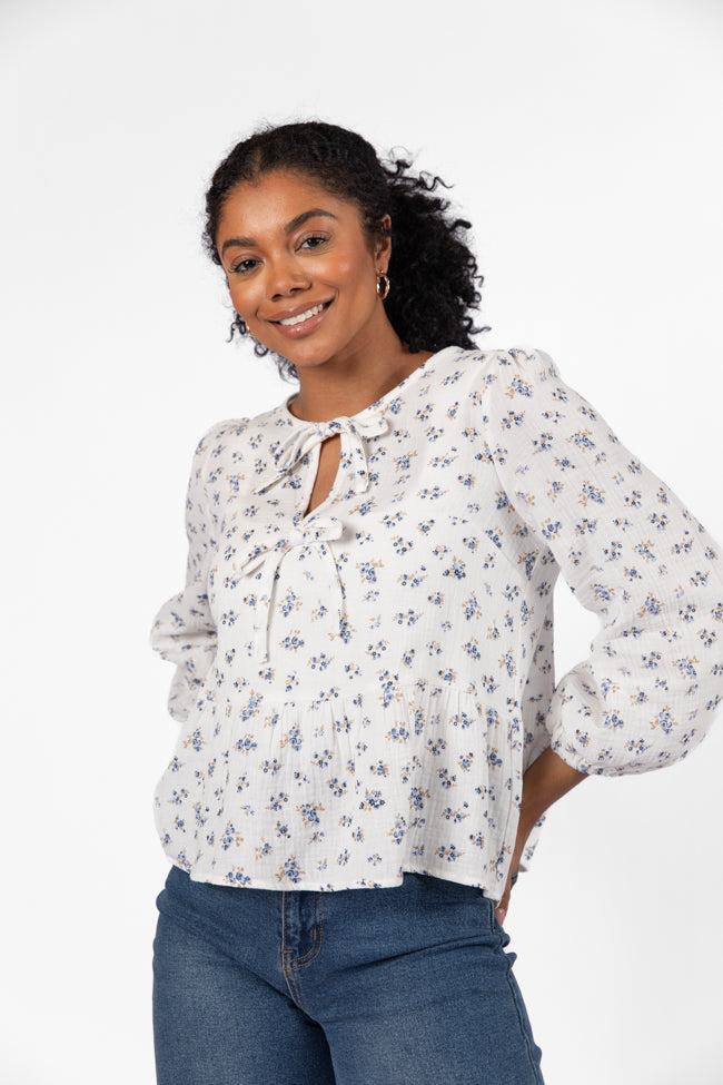 Close To Me Ivory and Blue Bow Detail Floral Blouse FINAL SALE Product Image