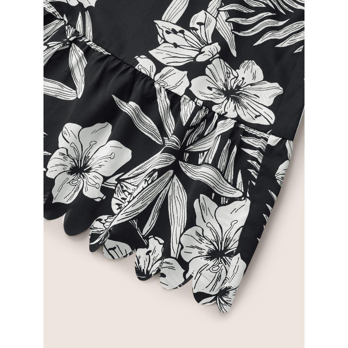 Plus Size Floral Print Tie Neck Scalloped Trim Dress BlackFlower Women Resort Non V-neck Elbow-length sleeve Curvy Midi Dress BloomChic 18-20/2X Product Image