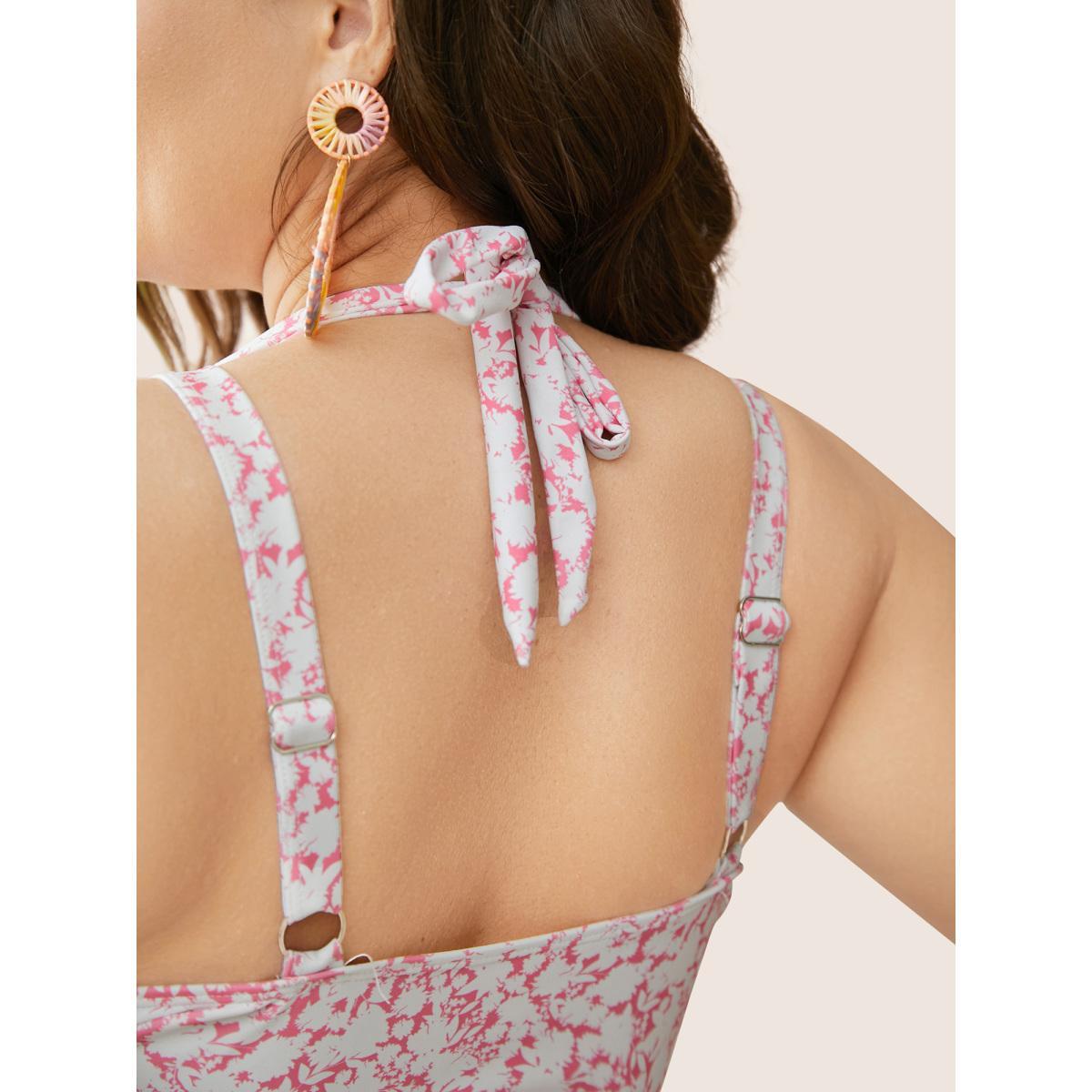 Plus Size Ditsy Floral Halter Neck Split Hem Swim Dress Women's Swimwear Rouge Beach Bodycon V-neck High stretch Curve Swim Dresses BloomChic 12/L Product Image