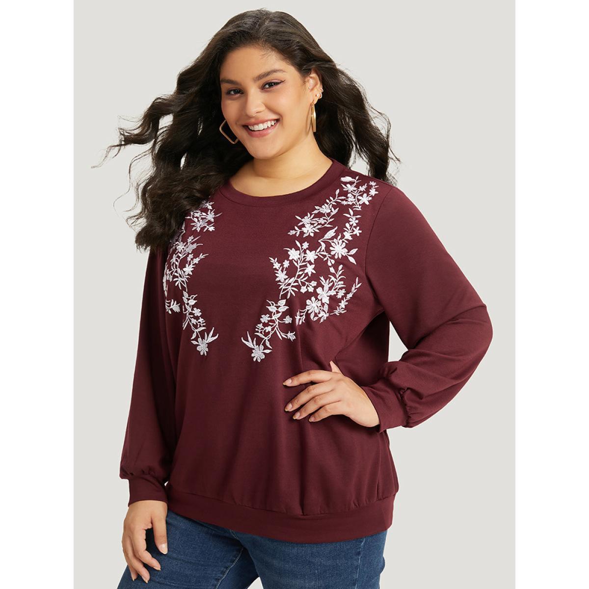 Plus Size Silhouette Floral Print Embroidered Crew Neck Sweatshirt Women Burgundy Casual Elastic cuffs Round Neck Dailywear Sweatshirts BloomChic 26/4X Product Image