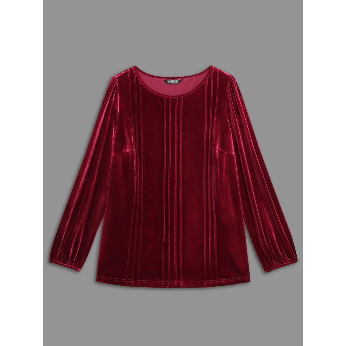 Plus Size Scarlet Plain Round Neck Gathered Velvet Blouse Women Elegant Long Sleeve Round Neck Everyday Blouses BloomChic 30/6X Product Image
