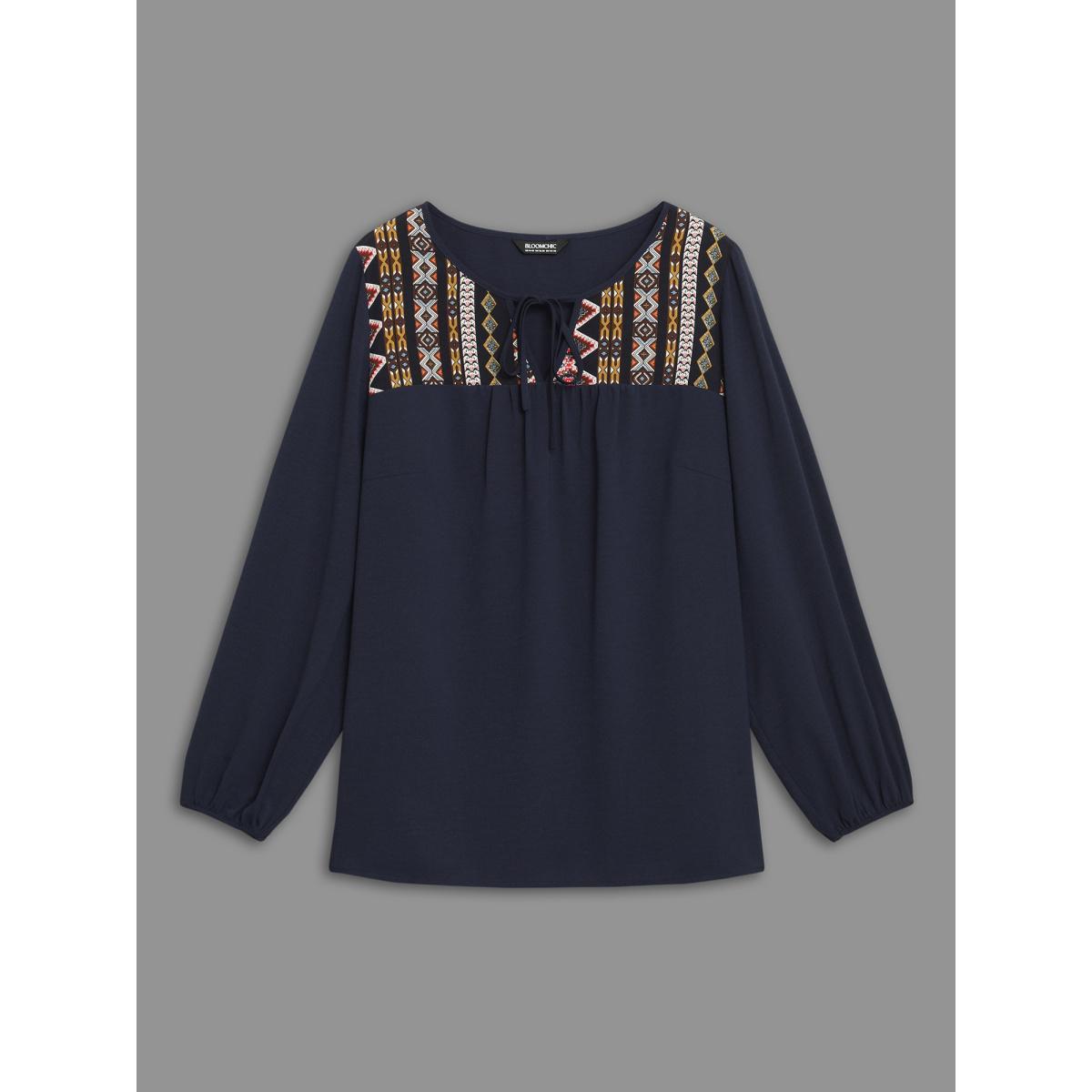 Plus Size Indigo Bandana Print Patchwork Ties Blouse Women Resort Long Sleeve Non Vacation Blouses BloomChic 28/5X Product Image