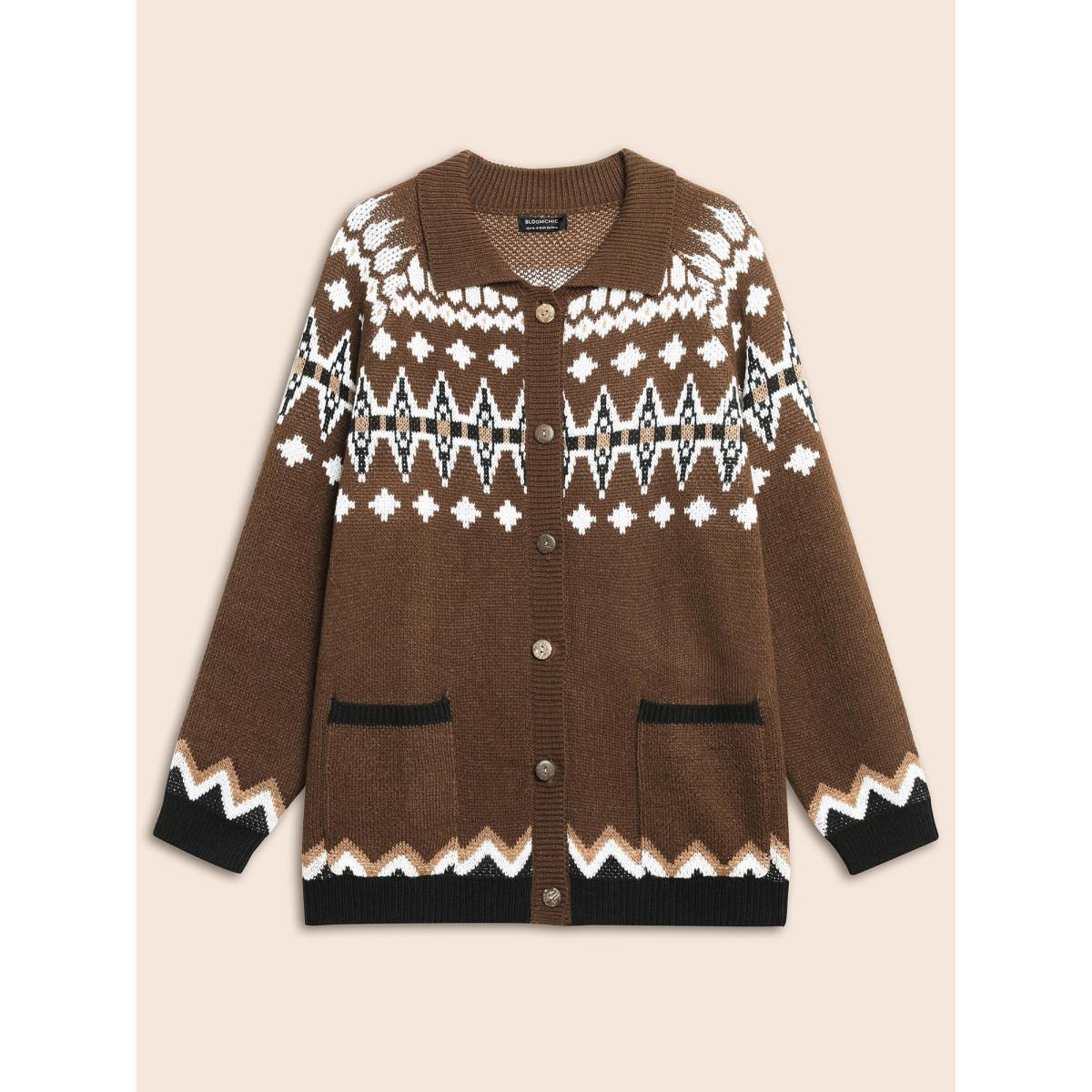 Plus Size Fair Isle Collared Button Down Cardigan DarkBrown Women Casual Loose Long Sleeve Everyday Cardigans BloomChic 28/5X Product Image