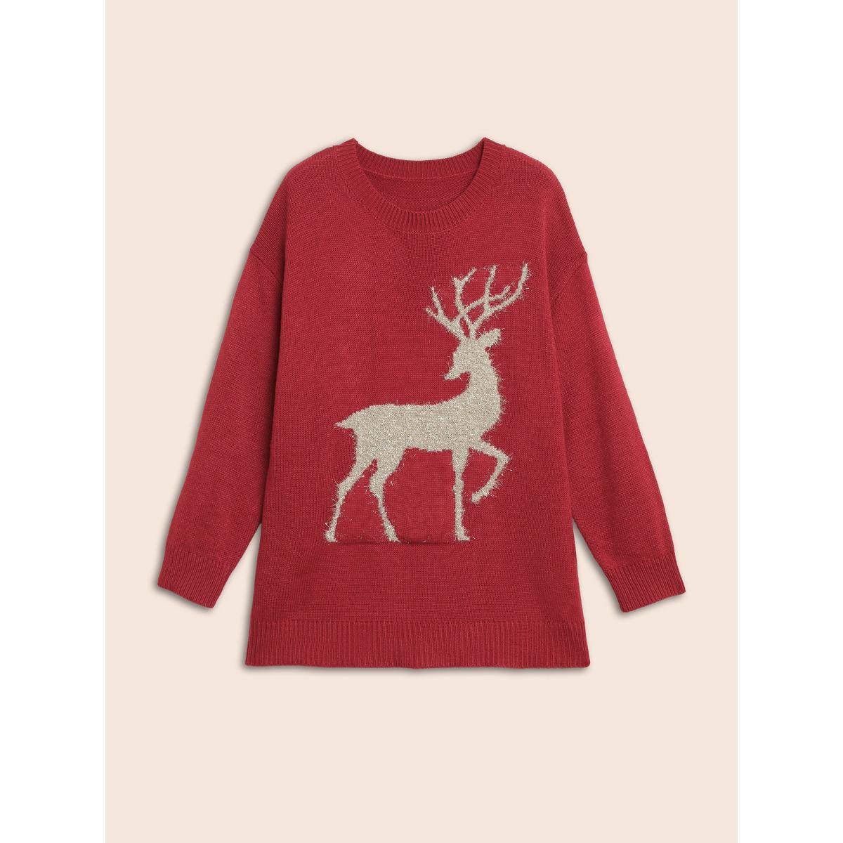 Plus Size Fuzzy Reindeer Motif Crew-Neck Pullover Scarlet Women Casual Loose Long Sleeve Round Neck Everyday Pullovers BloomChic 22-24/3X Product Image